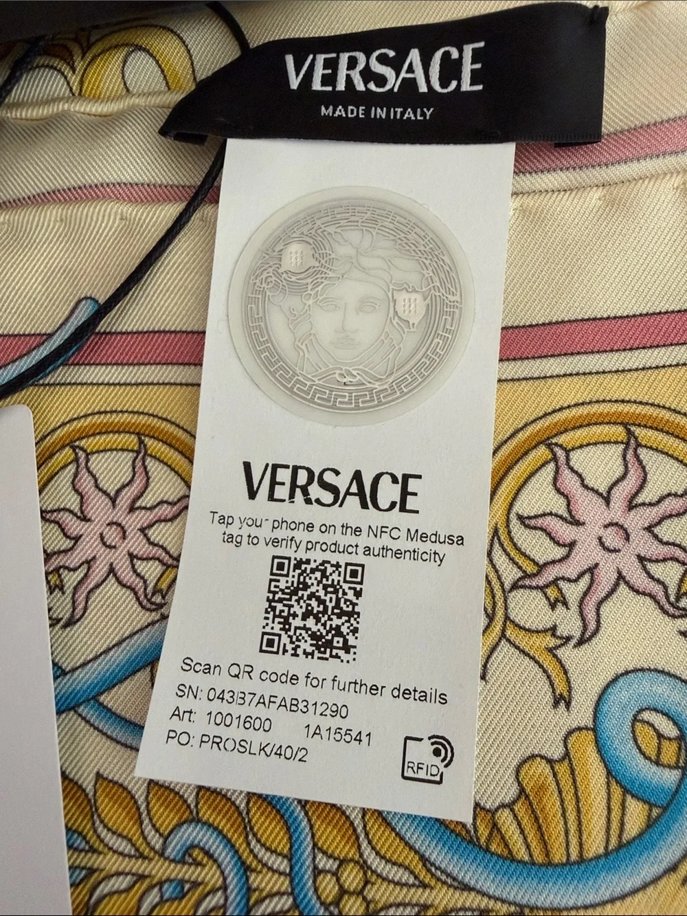 Versace Silk Scarf in Cream, Gold & Light Blue with Pink Trim - Picture 2 of 6